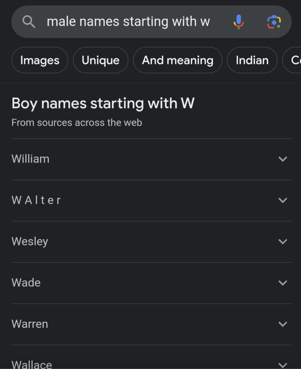 screenshot - male names starting with w Images Unique And meaning Indian C. Boy names starting with W From sources across the web William WAlter Wesley Wade Warren Wallace > >